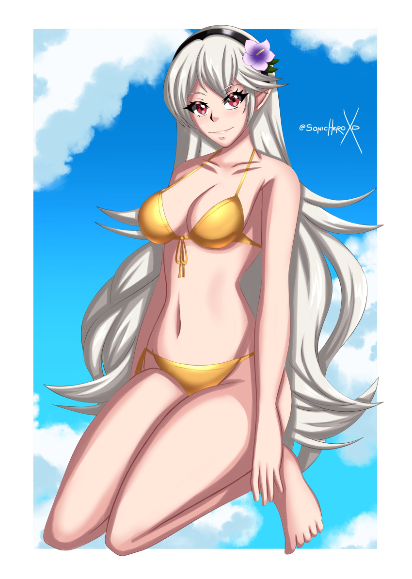 1girl alluring alternate_costume bikini breasts cleavage cloud corrin_(fire_emblem) corrin_(fire_emblem)_(female) female_only fire_emblem fire_emblem_fates flower gold_swimsuit hair_flower kneel looking_at_viewer medium_breasts nintendo pin_up red_eyes smile sonicheroxd swimsuit yellow_bikini yellow_swimsuit