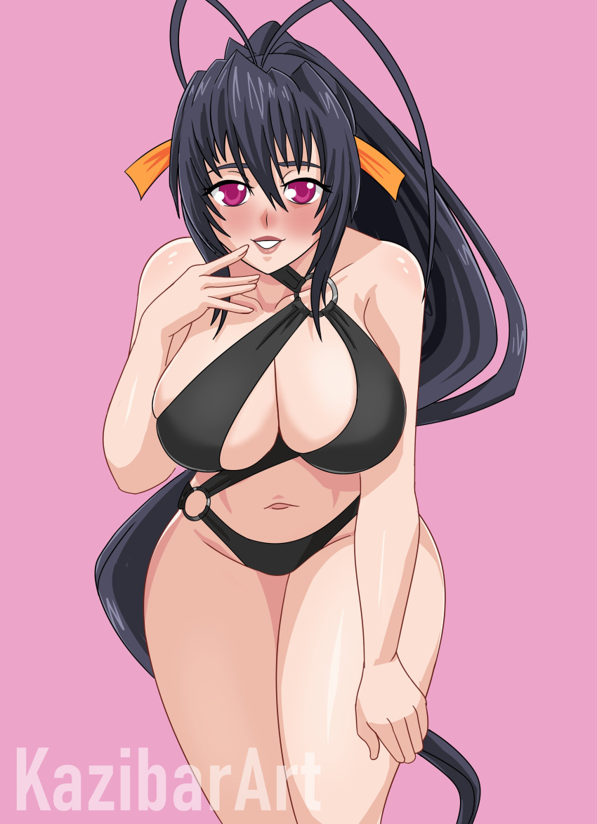 1girl akeno_himejima alluring bare_legs big_breasts bikini black_hair cleavage high_school_dxd kazibar magenta_eyes pin_up