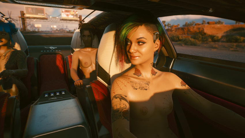 cheri_nowlin cyberpunk_2077 driving driving_car driving_naked judy_alvarez nude panam_palmer tattooed_breast tattooed_girl tattoos vehicle vehicle_interior