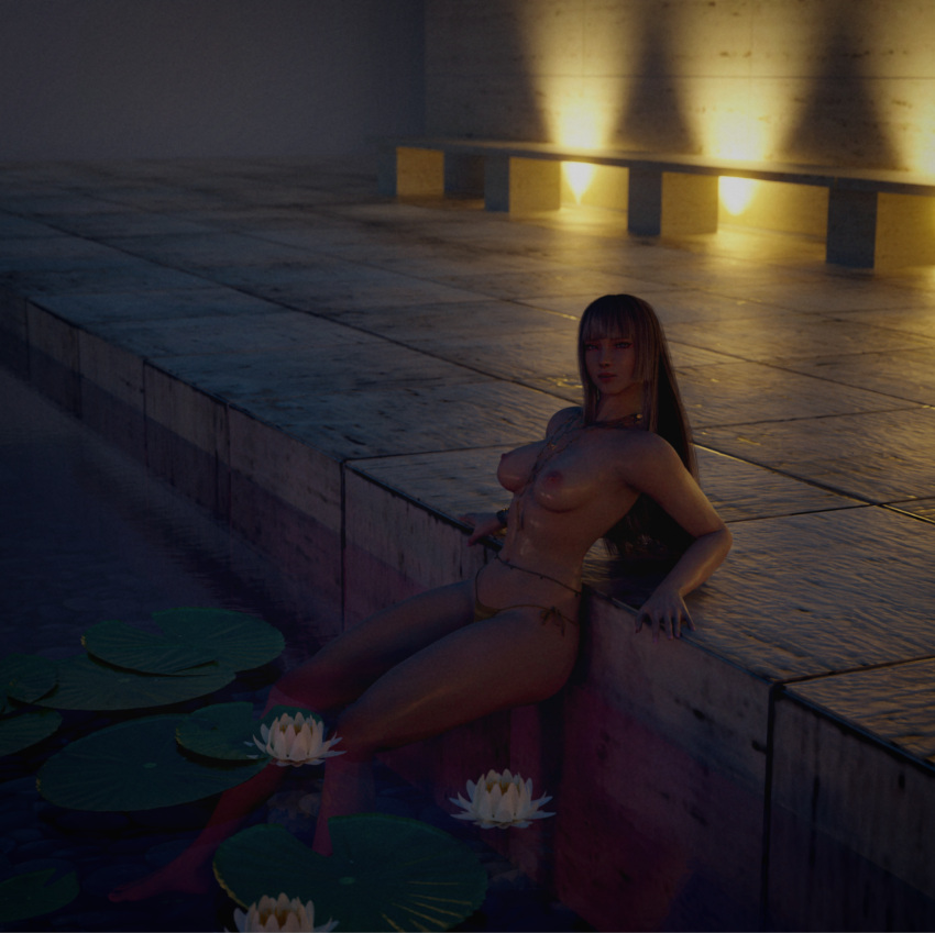 1girl 3d alluring blender blonde_hair emilie_de_rochefort feet forsavide long_hair looking_at_viewer medium_breasts namco pool purple_eyes tekken tekken_8 thong toes topless wet