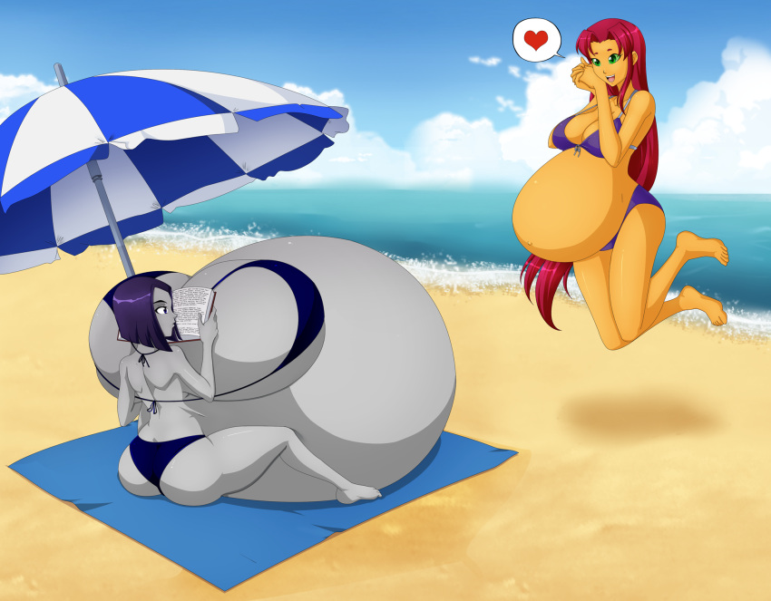 1girl 2_girls beach belly big_belly big_breasts bikini blue_bikini blue_swimsuit breasts cleavage dat_ass dc_comics grey_skin heart huge_belly hyper_pregnancy koriand'r massive_breasts ocean orange_skin pregnant purple_bikini purple_swimsuit rachel_roth raven_(dc) red_hair saburox starfire swimsuit teen_titans you_gonna_get_raped