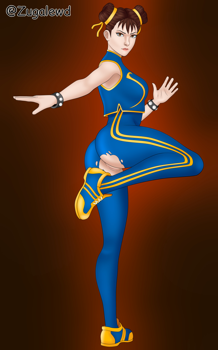 1girl chun-li fanart female_only full_body martial_arts pussy ripped street-fighter torn_bodysuit zugalewd zugalov