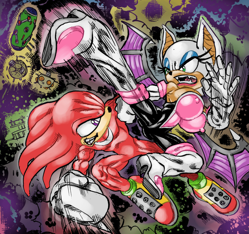 1boy 1girl bat_wings big_breasts big_breasts fight goudadunn high_res huge_breasts knuckles_the_echidna nipple_bulge rouge_the_bat sega sonic_the_hedgehog_(series)