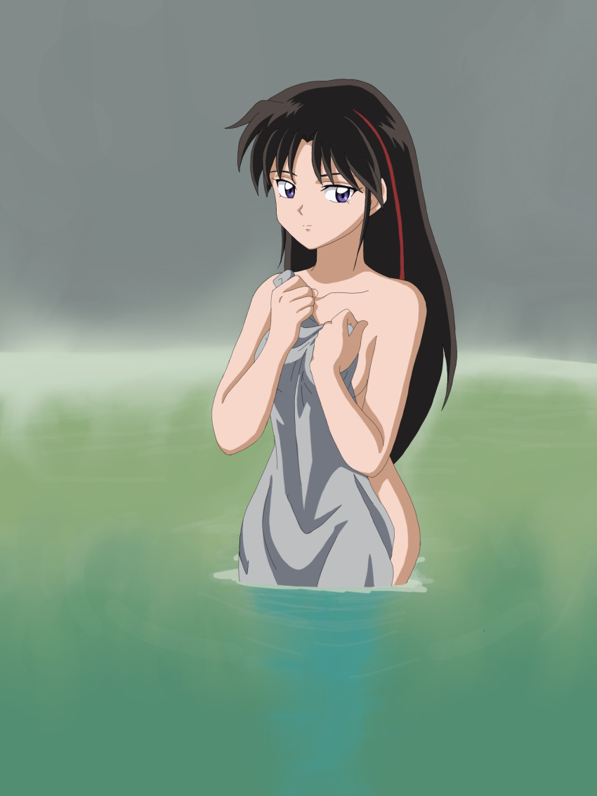 alluring black_and_red_hair blue_eyes hot_spring inuyasha nude onsen rumiduck setsuna_(yashahime) towel voluptuous wet yashahime:_princess_half-demon