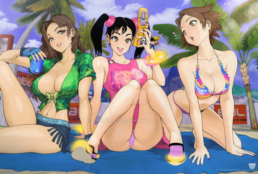 3_girls alluring beach big_breasts bikini black_hair brown_eyes brown_hair christie_monteiro cleavage deviantart female_only holding_phone holding_soda_can ling_xiaoyu miharu_hirano namco on_beach_towel phone selfpic shorts summer_dress systemst91 tekken tekken_3 tekken_4 tekken_5_dark_resurrection tekken_7 tekken_8 tekken_tag_tournament tekken_tag_tournament_2