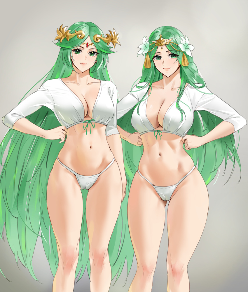 alluring bangs bare_legs bare_thighs big_breasts blush breasts cameltoe circlet cleavage collarbone cropped_shirt curvy fire_emblem fire_emblem:_three_houses flower forehead_jewel goddess green_eyes green_hair grey_background hair_flower hair_ornament high_res hourglass_figure kid_icarus kid_icarus_uprising long_hair long_sleeves looking_at_viewer midriff multiple_girls navel nintendo no_pants palutena panties parted_bangs rhea_(fire_emblem) sendrawz shirt signature simple_background smile tassel thick_thighs thighs trait_connection underwear very_long_hair white_panties white_shirt wide_hips