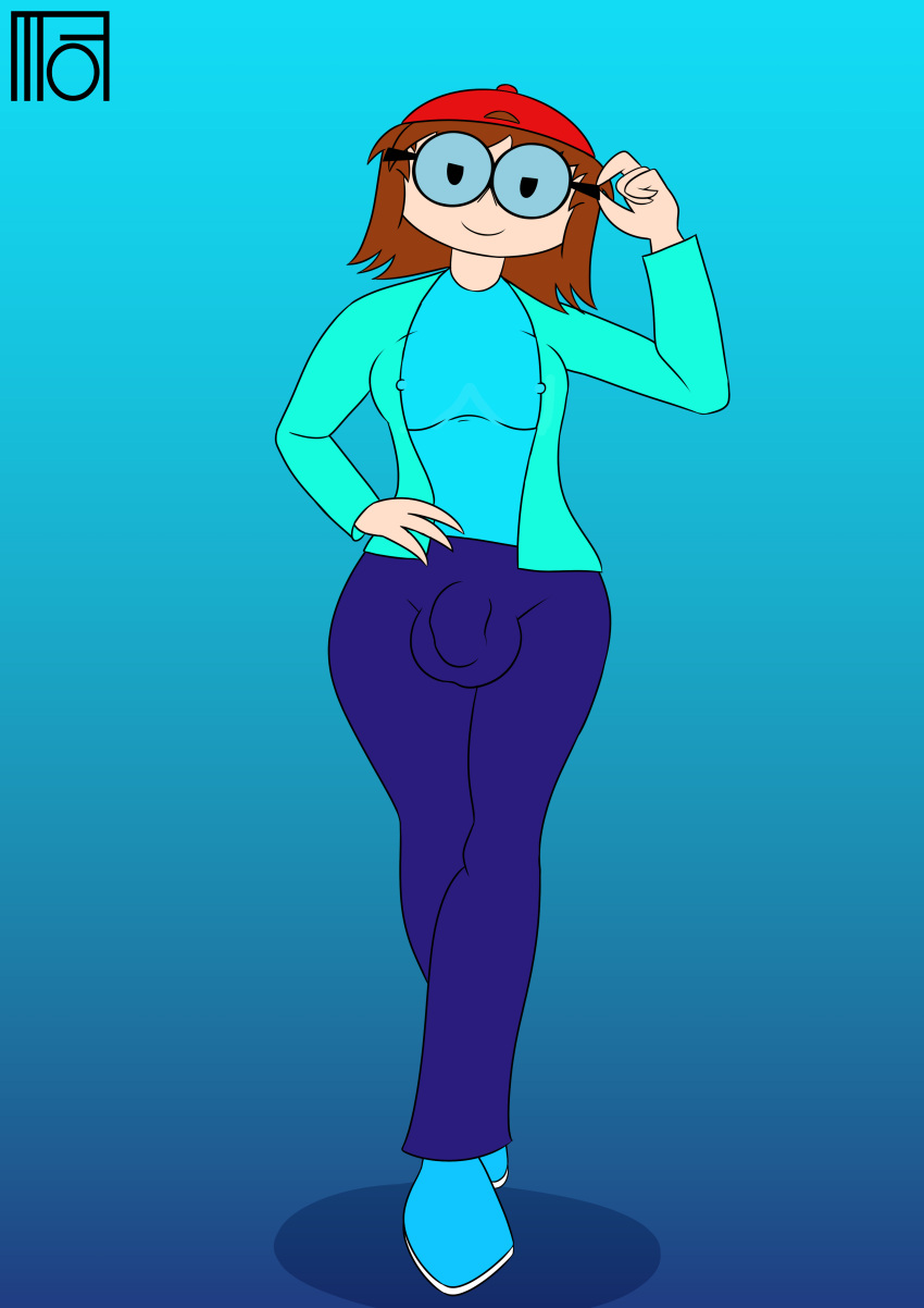 1futa brown_hair bulge bulge_through_clothing dickgirl erect_nipples futanari glasses intersex jeans looking_at_viewer moffoffo nipple_outline oc original_character posing rachel_(emma_arts) red_cap solo walking