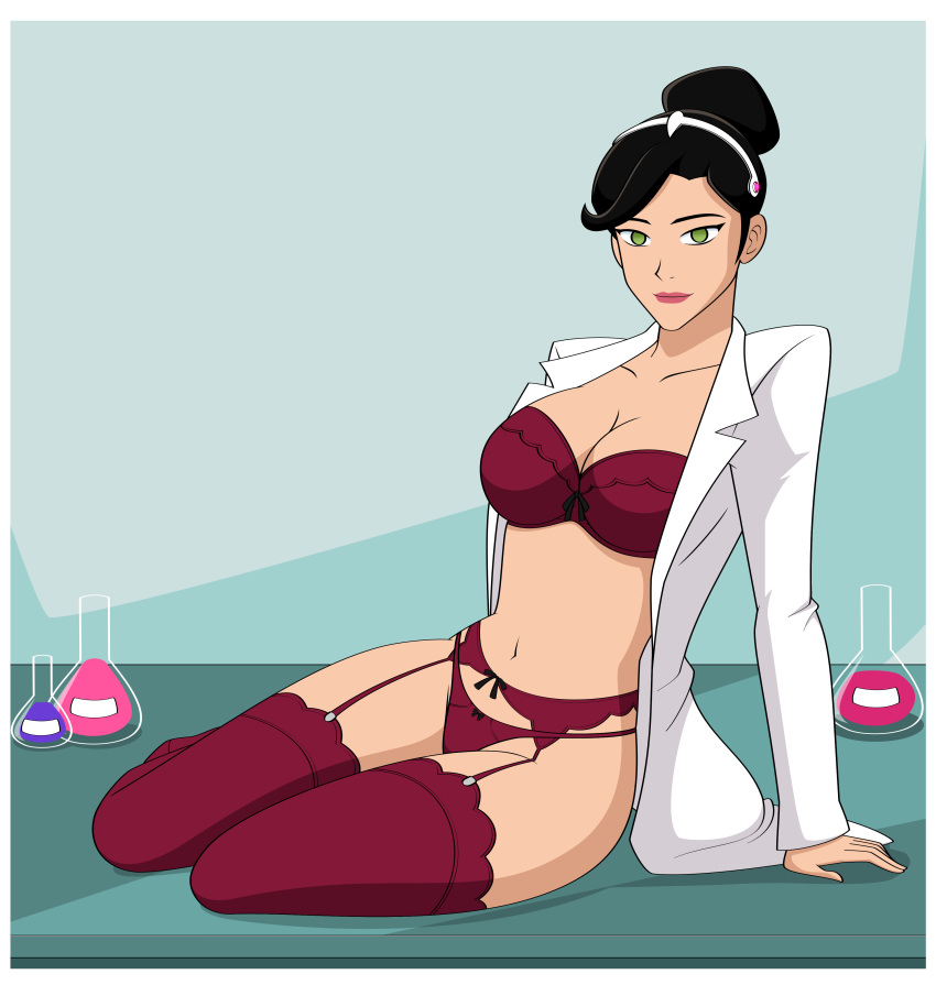 1girl bra breasts female female_only garter_belt generator_rex hair_bun jimryu jimryu_(artist) labcoat looking_at_viewer mostly_nude panties rebecca_holiday solo stockings