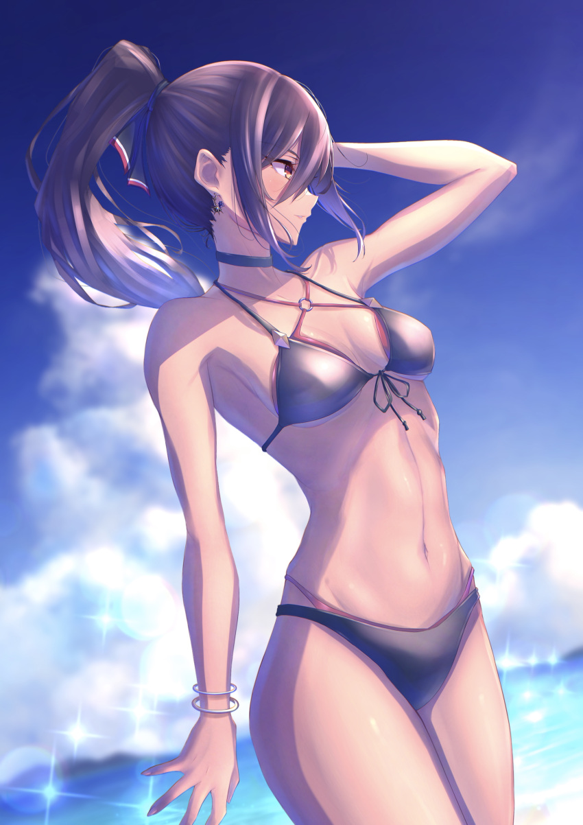 1girl absurd_res alluring arm_behind_head bikini black_bikini black_hair blue_sky breasts cloud cowboy_shot day front-tie_bikini_top front-tie_top hakusai_(hksicabb) high_res layered_bikini morag_ladair morag_ladair_(xenoblade) navel nintendo ocean outside ponytail red_bikini sidelocks small_breasts swimsuit xenoblade_(series) xenoblade_chronicles_(series) xenoblade_chronicles_2