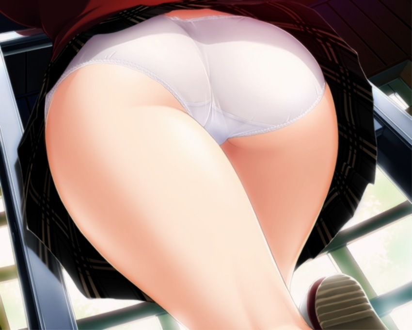 1girl 4:3_aspect_ratio ass ass_focus black_skirt cg_art climbing close-up clothing female_only footwear from_behind game_cg kadoi_aya kakyuusei_2 ladder lower_body panchira panties pantyshot plaid plaid_skirt pleated_skirt saimon_tamaki school_uniform serafuku shoes skirt solo_female tartan thighs trefoil underwear uniform upskirt useless_tags viewed_from_below white_panties white_underwear window