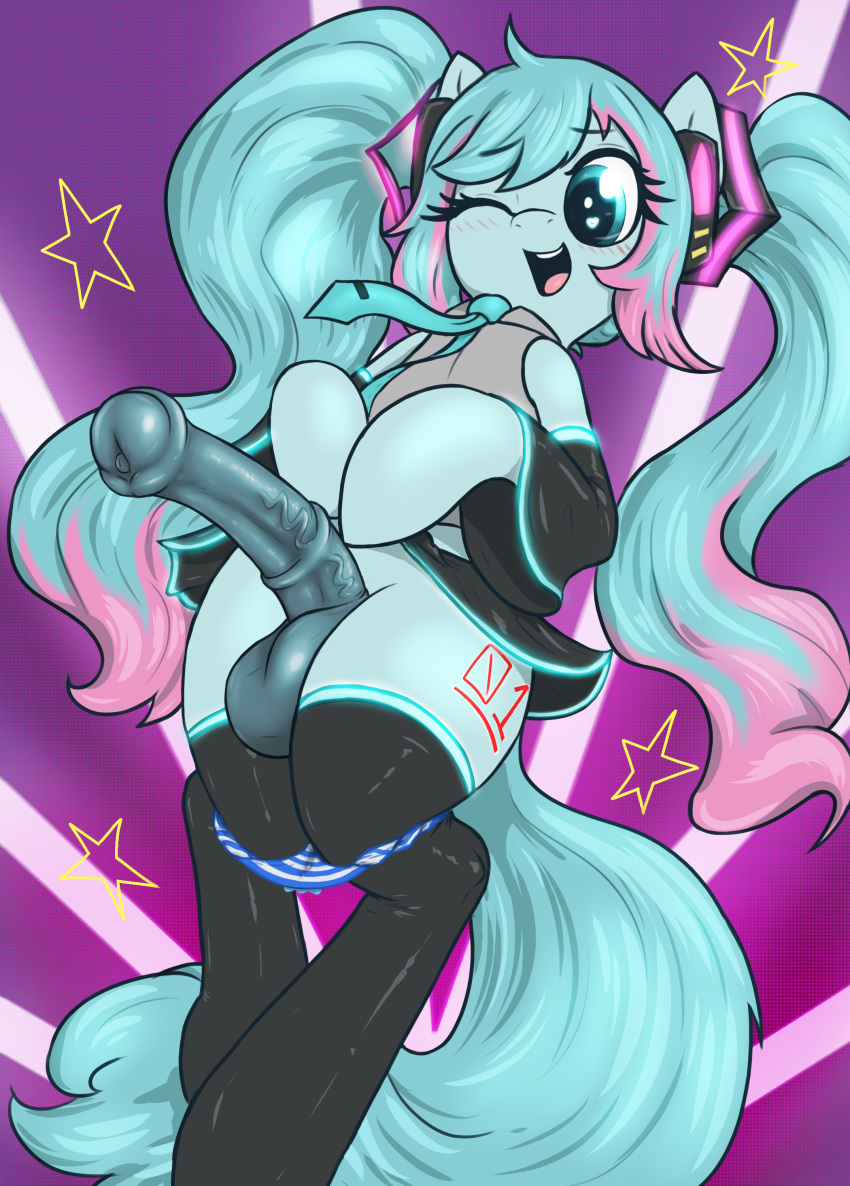 1futa 1girl balls big_penis blue_eyes blue_hair blue_skin equine friendship_is_magic futanari hasbro high_resolution horsecock long_hair looking_down miku_hatsune my_little_pony neck_tie one_eye_closed open-mouth_smile pony purple_background skirt skirt_lift smile stars t72b twin_tails vocaloid wink