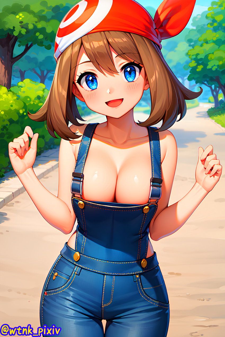 1girl bandanna blue_eyes blush breasts brown_hair creatures_(company) female_focus game_freak haruka_(pokemon) looking_at_viewer may may_(pokemon) nintendo pokemon_(anime) suspenders wtnk