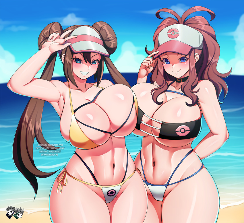 2_girls aged_up alluring alternate_breast_size beach big_breasts bikini blue_eyes breasts hat high_res hilda hilda_(pokemon) hips jadenkaiba light-skinned_female light_skin long_hair long_ponytail nintendo outside pokemon pokemon_bw pokemon_bw2 ponytail rosa_(pokemon) thick_thighs thighs touko touko_(pokemon) twin_buns twin_tails wide_hips