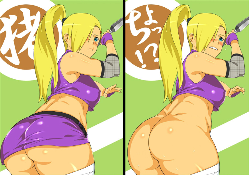 1girl ass big_ass blonde_hair blush bottomless breast curvy fishnets hair_over_one_eye horny ino_yamanaka koube_an kunai naruto naruto_shippuden nipples plump ponytail weapon