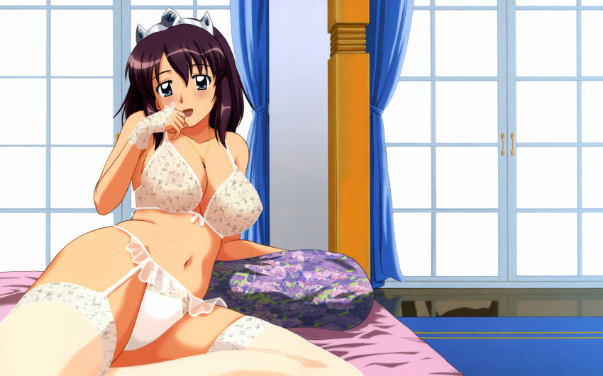 1girl bed blush bra garter_belt gloves henrietta henrietta_de_tristain jewelry lingerie necklace panties purple_hair satou_chagashi short_hair solo stockings thighhighs tiara underwear underwear_only voyeurism wallpaper window zero_no_tsukaima