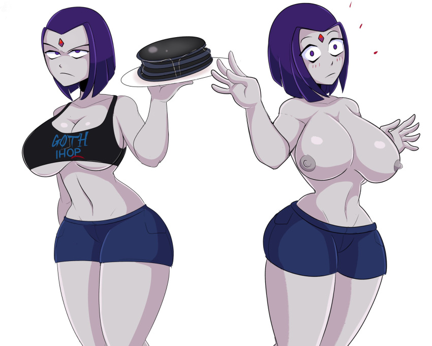 big_breasts booty_shorts breasts goth goth_ihop grey_skin pancakes purple_hair raven_(dc) saltynoodles surprised teen_titans topless