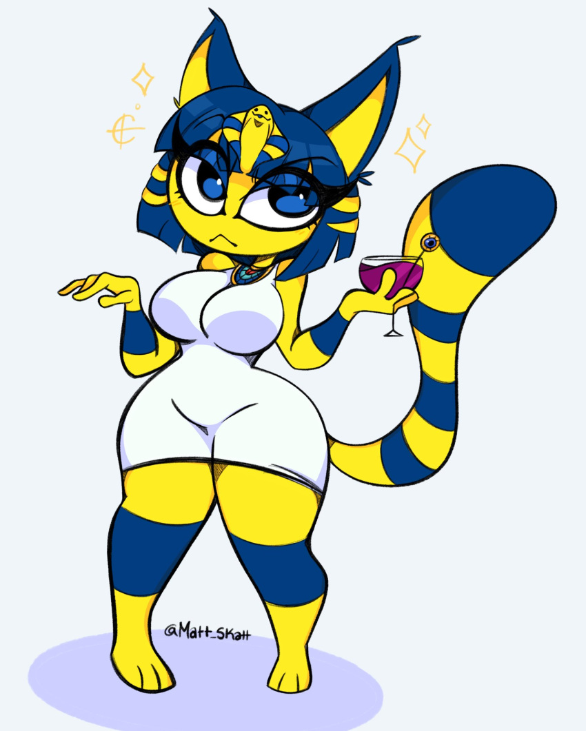 1girl ankha ankha_(animal_crossing) breasts cat furry_female holding_drink matt_skatt_(artist) sassy thicc