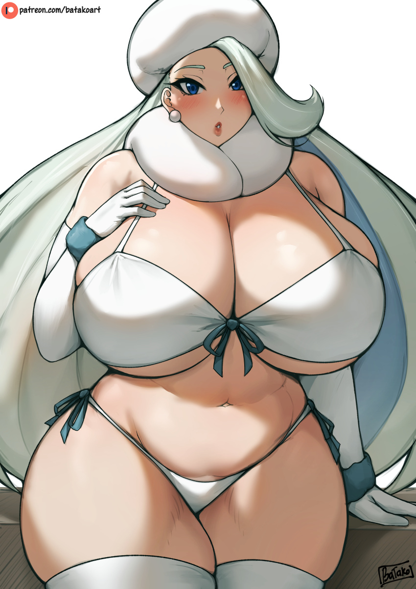 1girl batako big_ass big_breasts bikini blue_eyes breasts earrings female game_freak hat hi_res hips hourglass_figure huge_breasts light-skinned_female light_skin long_hair massive_breasts mature_female melony_(pokemon) milf mother nintendo patreon_username pokemon pokemon_ss sexy sexy_body sexy_breasts simple_background thick_thighs thighs venus_body voluptuous white_bikini white_hair wide_hips