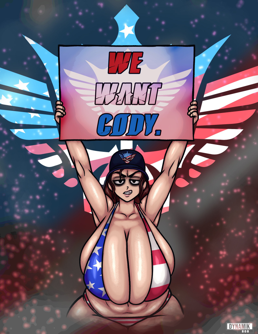 1girl american_flag_bikini armpits arms_up big_breasts bikini breasts breasts_bigger_than_head brown_hair cleavage dynamik808 female_only hat huge_breasts looking_at_viewer massive_breasts sign text thick_thighs wide_hips wwe