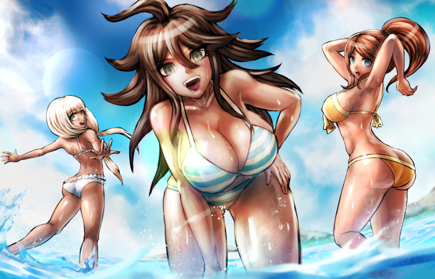 3_girls 3girls asahina_aoi ass bare_shoulders beach big_breasts bikini blue_eyes blue_sky breasts brown_hair butt_crack cleavage danganronpa danganronpa:_trigger_happy_havoc danganronpa_(series) danganronpa_2:_goodbye_despair danganronpa_v3:_killing_harmony dark-skinned_female dark_skin day dgrp dgrp_(minhduc12333) eyebrows_visible_through_hair green_eyes hair_between_eyes highres huge_ass komatsuzaki_rui_(style) looking_at_viewer multiple_girls ocean open_mouth outdoors owari_akane shiny shiny_hair shiny_skin silver_hair sky striped striped_bikini swimsuit thighs white_bikini yellow_bikini yonaga_angie