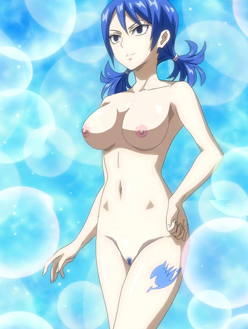 alluring azn big_breasts blue_hair fairy_tail juvia_lockser juvia_loxar navy_eyes posing pubic_hair pussy tattoo voluptuous