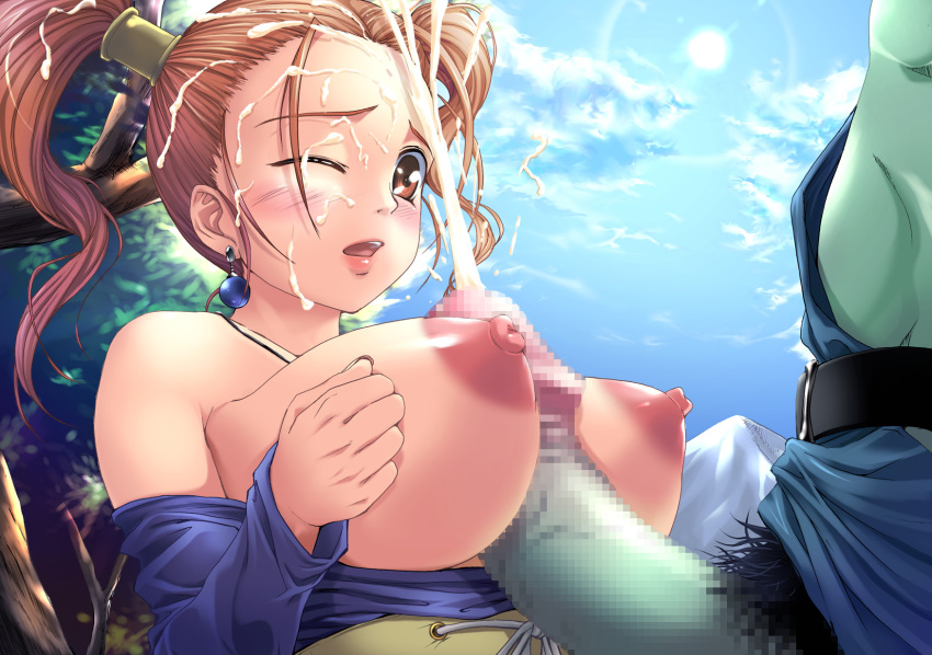 1girl blush breasts censored cum cum_string dragon_quest dragon_quest_viii dress earrings ejaculation erection facial highres huge_breasts huge_penis jessica_albert jessica_albert_(dragon_quest) jewelry nipples one_eye_closed overflow paizuri penis projectile_cum purple_shirt sex shinozuka_jouji shirt short_hair solo_focus square_enix strapless_dress twintails wink