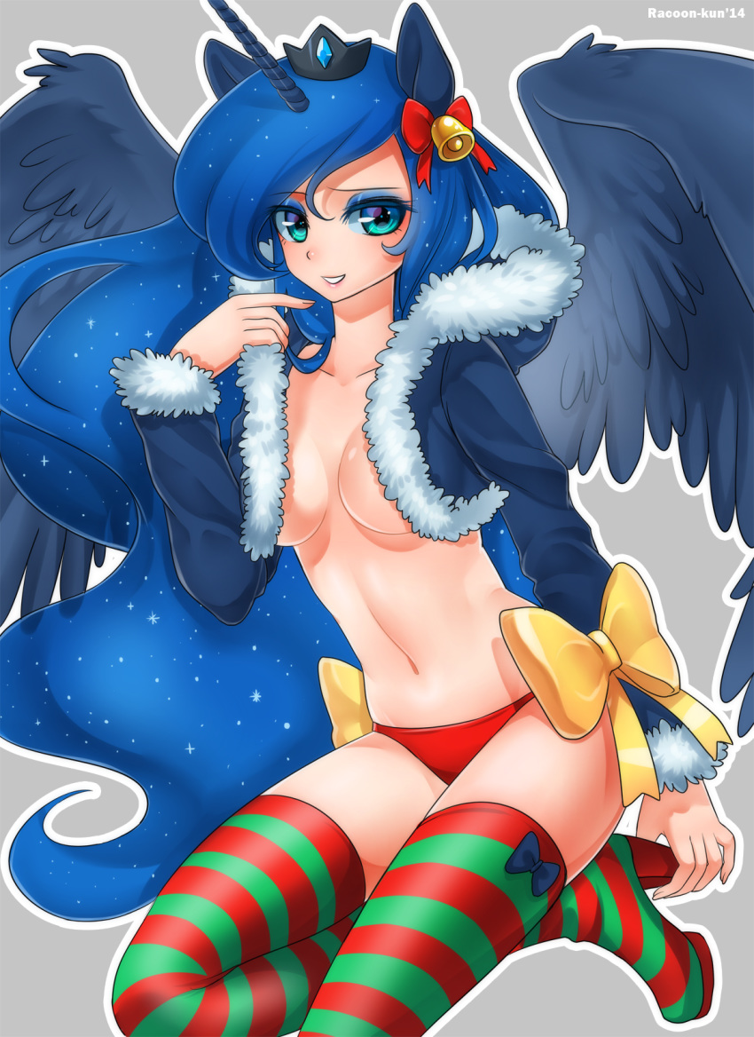 1girl animal_ears anthro anthrofied bell blue_hair boots bow crown feathered_wings female friendship_is_magic fur_trim green_eyes high_heels high_res highres horn horse_ears humanized jacket long_hair long_sleeves my_little_pony my_little_pony_friendship_is_magic navel no_bra panties princess_luna racoon-kun red_panties smile stockings striped striped_legwear thigh_boots thigh_high_boots thighhighs underwear wings