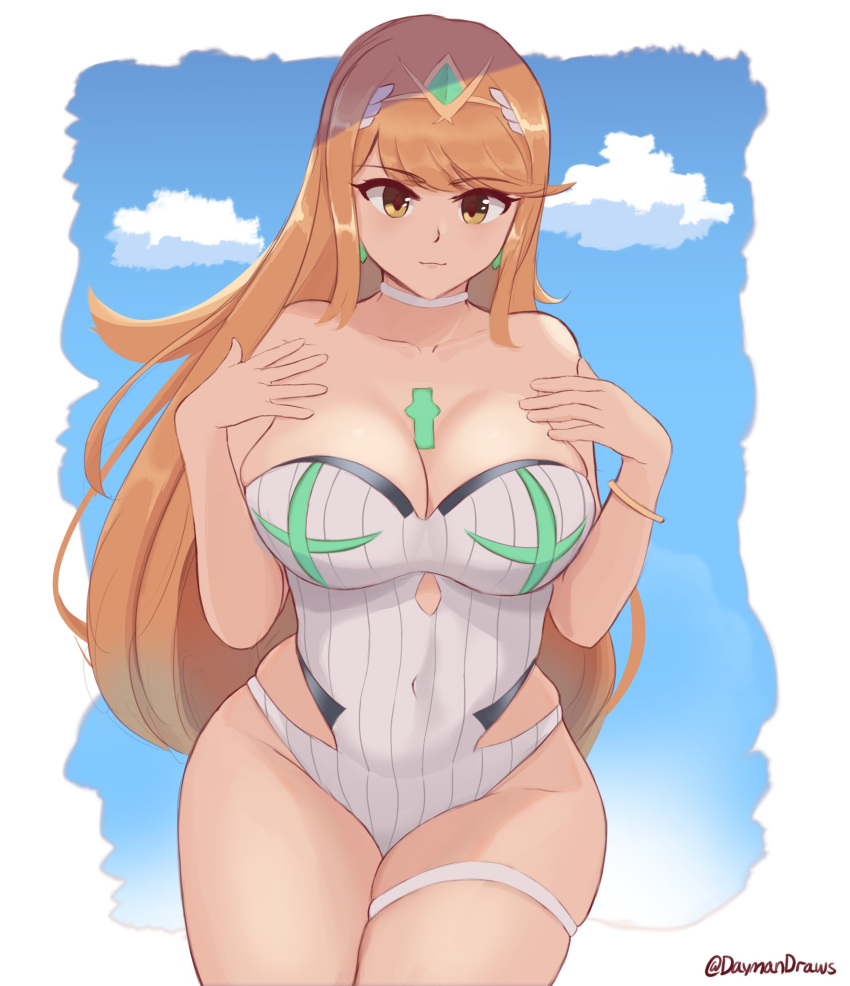 1girl 1girl 1girl alluring big_breasts cleavage daymandraws female_only mythra nintendo one-piece_bikini swimsuit xenoblade_(series) xenoblade_chronicles_2