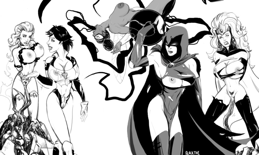 5girls areolae atlee blackfire blacktoe breasts bumblebee dark-skinned_female dark_skin dc_comics karen_beecher komand'r koriand'r monochrome nipples rachel_roth raven_(dc) starfire tagme teen_titans terra terra_(atlee)