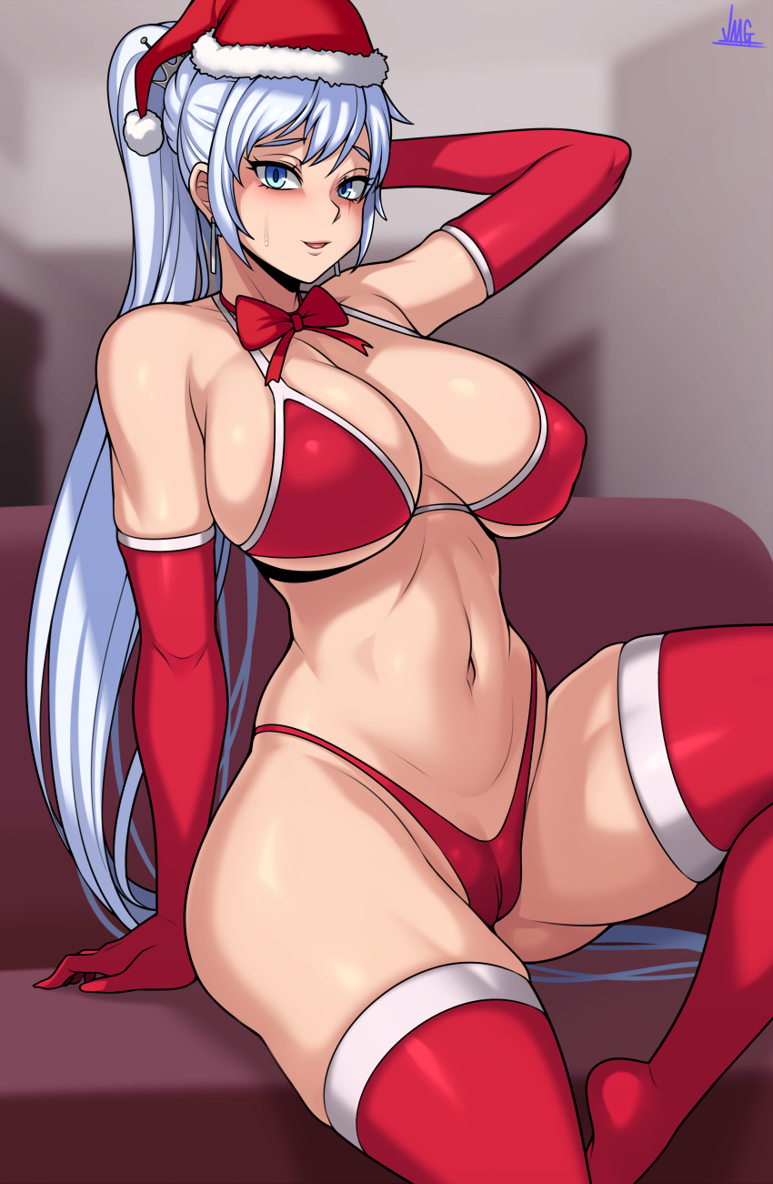 1girl big_breasts blue_eyes blush breasts cameltoe christmas_hat christmas_headwear eye_contact female_focus high_res jmg legwear light-skinned_female light_skin long_hair looking_at_viewer patreon patreon_paid patreon_reward ponytail rwby santa_hat silver_hair sitting solo_female tagme teen thick_thighs weiss_schnee