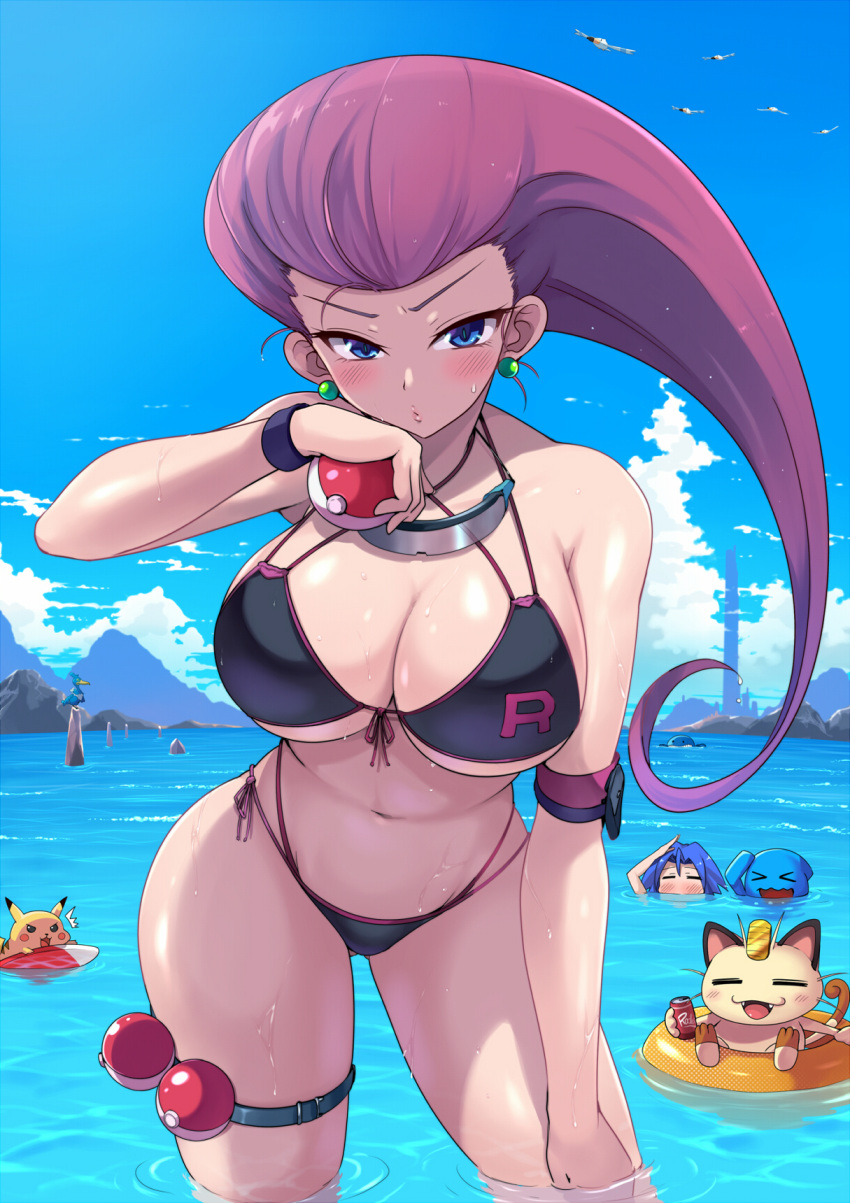 1girl 1girl 2021 alternate_breast_size big_breasts big_breasts bikini black_bikini blue_eyes blue_sky breasts cleavage clothed_female cramorant earrings female_focus front-tie_bikini green_earrings hips holding_object huge_breasts human james_(pokemon) jessie_(pokemon) kasai_shin kojirou_(pokemon) long_hair male/female male_with_female male_with_male mature mature_female meowth musashi_(pokemon) nintendo nyarth outside panties pikachu poke_ball pokemon pokemon_(anime) red_hair side-tie_bikini slim_waist solo_female standing swimming swimsuit tagme team_rocket thick_thighs thighband thighs video_game_franchise wailmer wide_hips wobbuffet