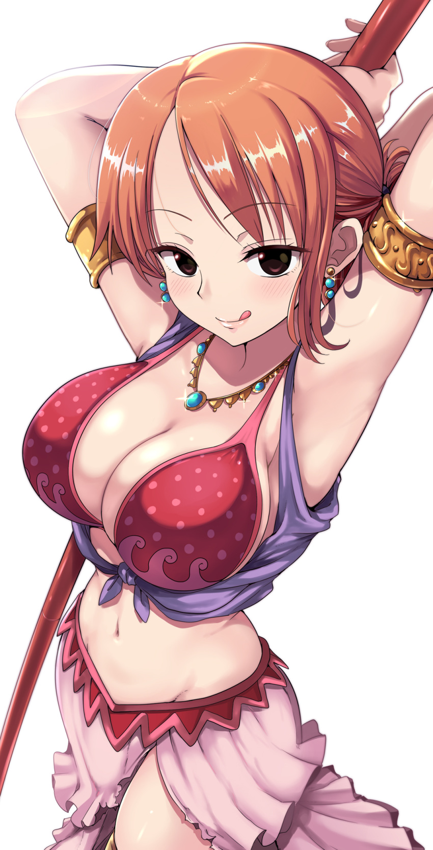 1girl 1girl 1girl alabasta arm_band arm_bands armpits arms_up big_breasts breasts cleavage clima-tact clothed_female curvy dancer dancer_outfit dress female_focus female_only kasai_shin mature mature_female nami navel one_piece orange_hair pre-timeskip pre_timeskip seductive short_hair skirt solo_female solo_focus tagme tongue_out tummy