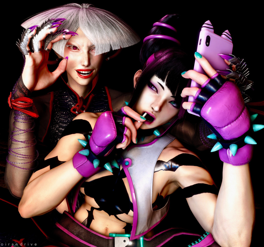 2_girls 2females 2women 3d 3d_(artwork) 3d_model a.k.i. a.k.i._(street_fighter) capcom duo duo_female duo_focus female/female friendly green_eyes heterochromatic_eyes juri_han light-skinned_female light_skin oirandrive purple_eye red_eyes selfpic street_fighter street_fighter_6