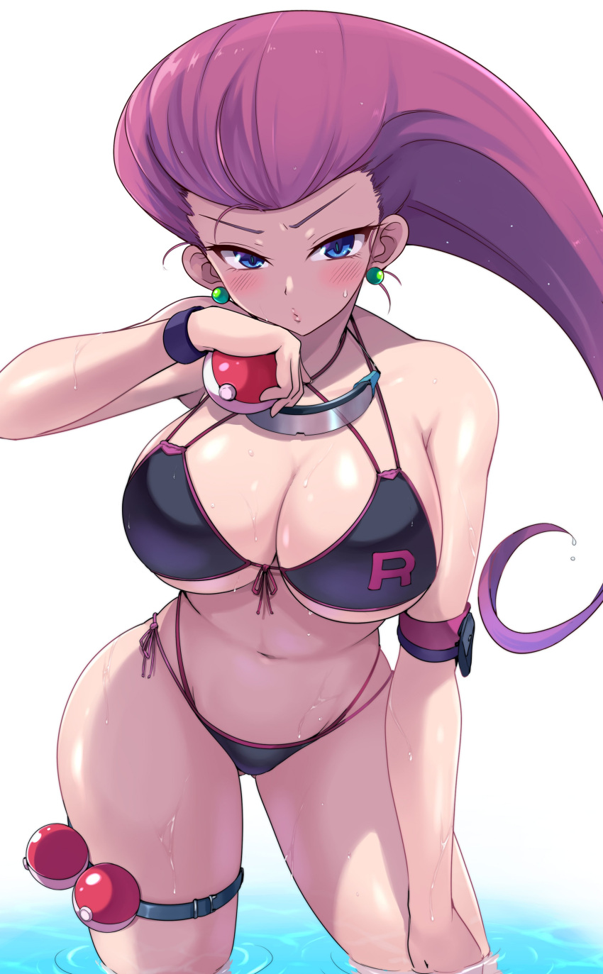 1girl 2021 alternate_breast_size big_breasts bikini black_bikini blue_eyes blue_sky breasts cleavage clothed_female earrings female_focus female_only front-tie_bikini green_earrings hips holding_object huge_breasts human jessie_(pokemon) kasai_shin long_hair mature mature_female musashi_(pokemon) nintendo outside panties poke_ball pokemon pokemon_(anime) red_hair side-tie_bikini slim_waist solo_female standing swimsuit team_rocket thick_thighs thighband thighs video_game_franchise wide_hips