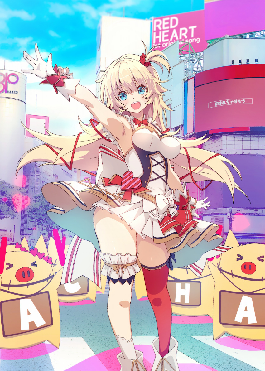 1girl akai_haato aqua_eyes armpits asymmetrical_legwear blonde blue_eyes building cityscape coppelia_(futamine) gloves glowstick heart high_resolution hololive open_mouth pleated_skirt red_ribbon ribbon skirt sky thighs traffic_light virtual_youtuber