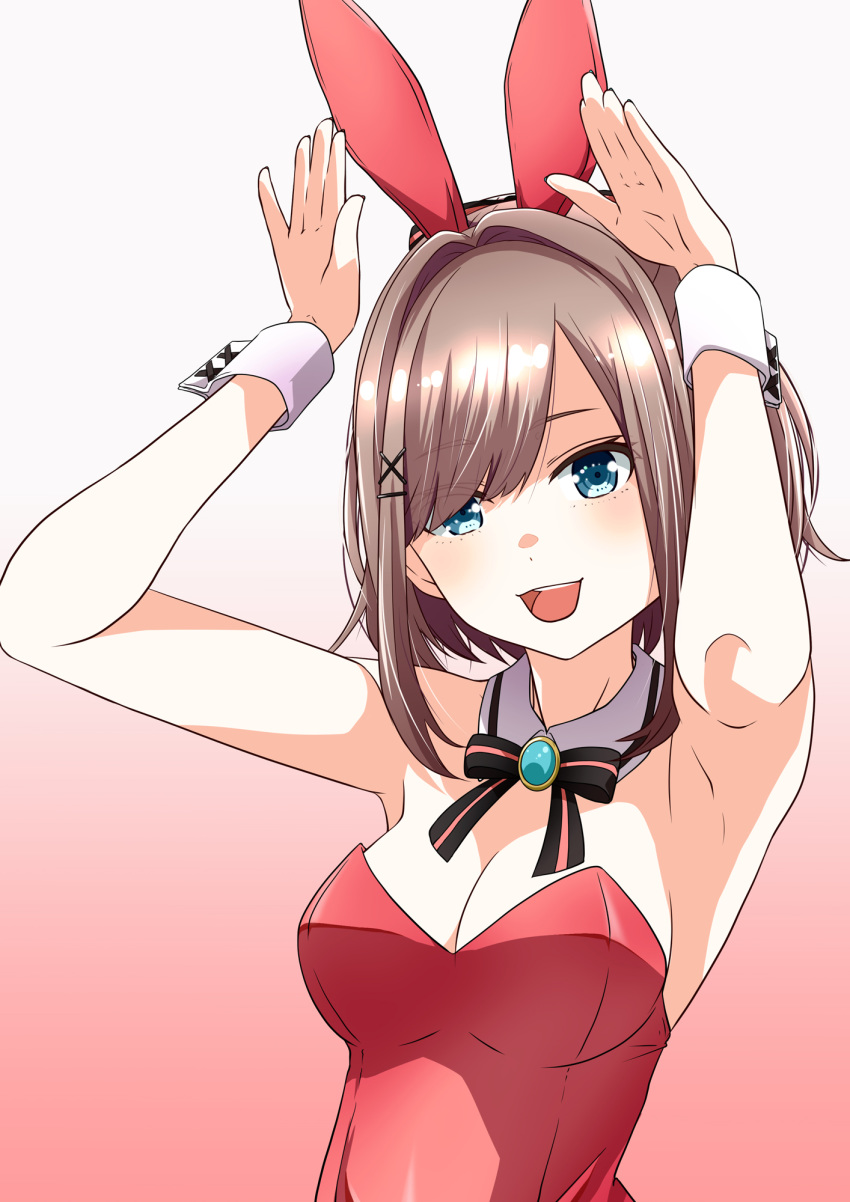 1girl animal_costume animal_ears arms_up bunny_costume bunny_ears bunny_ears_gesture bunnysuit collar cosplay cuffs detached_collar high_resolution nijisanji open_mouth playboy_bunny_leotard smile suzuhara_lulu virtual_youtuber wrist_cuffs