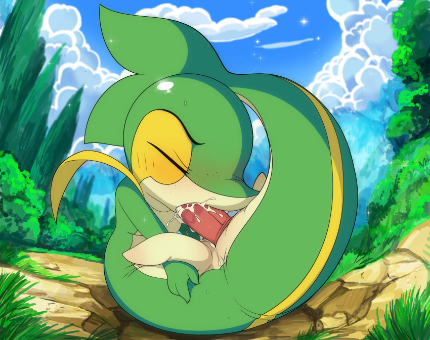 1boy autofellatio closed_eyes cum cum_in_mouth cum_inside male nintendo oral oral_masturbation penis pokemon snivy tricksta