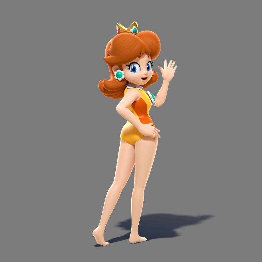 1girl 3d ass barefoot female full_body grey_background leotard mario_&_sonic_at_the_olympic_games mario_&_sonic_at_the_rio_2016_olympic_games nintendo official_art princess_daisy solo super_mario_bros. super_mario_land