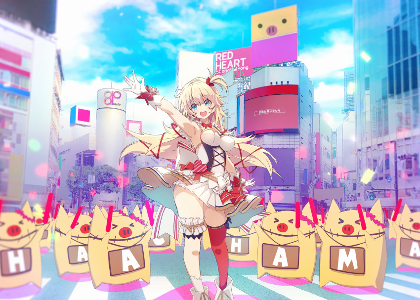 1girl akai_haato aqua_eyes armpits asymmetrical_legwear blonde blue_eyes building cityscape coppelia_(futamine) gloves glowstick heart high_resolution hololive open_mouth pleated_skirt red_ribbon ribbon skirt sky thighs traffic_light virtual_youtuber