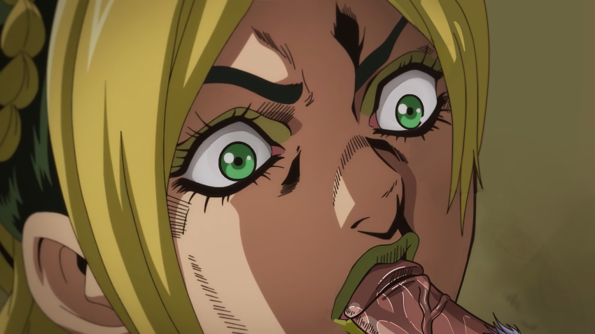 1boy 1girl edit fellatio female_focus green_lipstick jojo's_bizarre_adventure jolyne_kujo lipstick oral penis stone_ocean straight veiny_penis weather_report