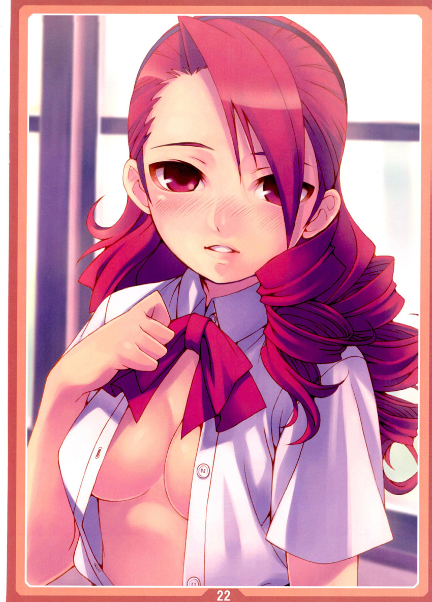 1girl atlus blush bow bowtie breasts cleavage cyocyo hair_over_one_eye highres kirijou_mitsuru long_hair megami_tensei mitsuru_kirijo no_bra open_clothes open_shirt persona persona_3 red_eyes red_hair ringlets school_uniform serafuku shirt solo takara_shinnosuke tasaka_shinnosuke