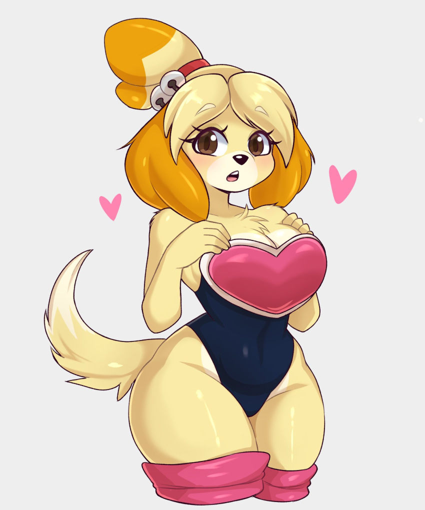 1girl accessory alternate_costume animal_crossing anthro artkett1412 big_breasts black_nose blonde_hair blush breasts brown_eyes brown_hair canid canine canis chest_tuft cleavage clothed clothing cosplay crossover_cosplay dog female fur furry grey_background hair hair_accessory hair_ornament heart isabelle_(animal_crossing) long_tail looking_at_viewer mammal medium_hair multicolored_body multicolored_face multicolored_fur multicolored_skin multicolored_tail navel nintendo portrait rouge_the_bat rouge_the_bat_(cosplay) sega shih_tzu simple_background solo sonic_the_hedgehog_(series) tail thick_thighs thighs three-quarter_portrait tied_hair topknot toy_dog tuft two_tone_body two_tone_face two_tone_fur two_tone_skin two_tone_tail white_body white_fur white_skin yellow_body yellow_fur yellow_skin