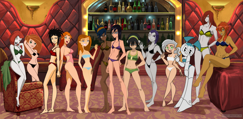 6teen avatar:_the_last_airbender batman_(series) bikini black_hair blue_eyes breasts brown_eyes cleavage crossover dani_phantom danny_phantom dark_skin dc disney ghost goth green_eyes grey_skin hairband jen_masterson jenny_wakeman kim_possible kimberly_ann_possible kiva_andru master_cyclonis megas_xlr mole monster my_life_as_a_teenage_robot one-piece_swimsuit orange_hair piper_(storm_hawks) poison_ivy print_bikini purple_eyes purple_hair raven_(dc) robot sam_(totally_spies) short_hair side-tie_bikini smile storm_hawks sue_(three_delivery) teen_titans three_delivery toph_bei_fong totally_spies twin_tails