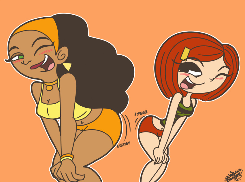 2_girls black_hair crossover dancing danny_phantom dark_skin earrings grojband hair laney_penn long_hair multiple_girls princesscallyie red_hair short_hair shorts twerking valerie_gray