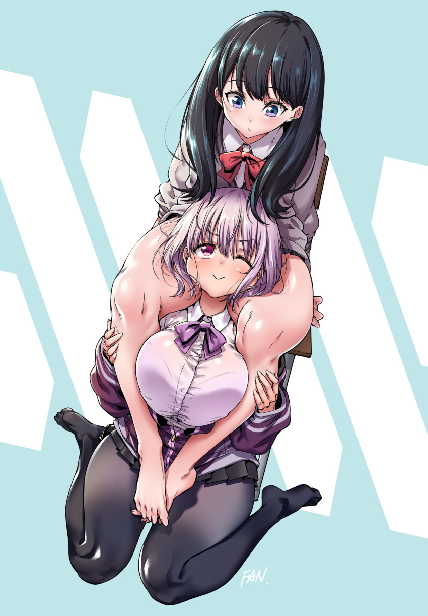 10s 2girls ;) barefoot between_legs between_thighs big_breasts black_hair black_legwear black_skirt blue_eyes blush breasts cardigan chair collared_shirt fan_(f.w.zholic) feet high_res high_resolution hood hoodie leg_lock legs long_sleeves looking_at_another multiple_girls one_eye_closed open_clothes pantyhose pink_eyes pink_hair pleated_skirt red_neckwear school_uniform see-through shinjou_akane shirt sitting sitting_on_person skirt smile ssss.gridman takarada_rikka thick_thighs thighs toes