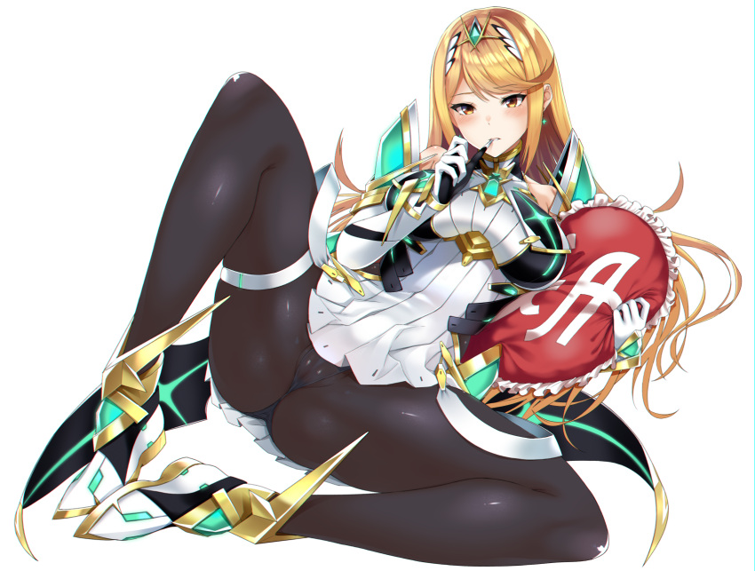 1girl alluring armor big_breasts black_pantyhose blonde_hair blush earrings female_only gem gloves headpiece high_res jewelry long_hair mythra mythra_(massive_melee)_(xenoblade) nintendo panties panties_under_pantyhose pantyhose pillow pussy sleeveless swept_bangs thigh_strap tiara underwear xenoblade_(series) xenoblade_chronicles_2 yellow_eyes yuuki_shin