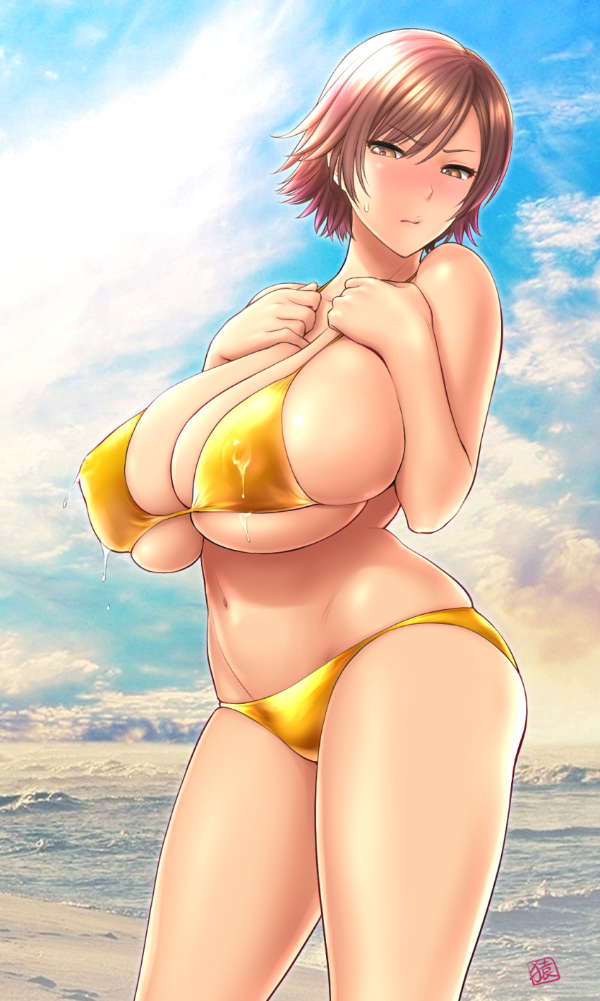 1girl asuka_kazama bandai_namco beach bikini blue_sky blush breasts brown_eyes brown_hair cleavage closed_mouth female_focus fighting_game gold_bikini high_res japanese kazama_asuka lactation lactation_through_clothes light_blush matching_hair/eyes namco namco_bandai navel ocean outside short_hair signature skindentation sky st.germain-sal standing sunlight sweatdrop swimsuit tekken tekken_5_dark_resurrection tekken_6_bloodline_rebellion tekken_7 tekken_8 tekken_revolution tekken_tag_tournament_2 thighs video_game video_game_character video_game_franchise video_games