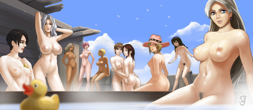 6+girls anne_(suikoden) art big_breasts breasts chris_lightfellow estella_(suikoden) female iku_(suikoden) jace jace_(suikoden) jeane_(suikoden) kathy_(suikoden) lucia_(suikoden) medium_breasts mio_(suikoden) multiple_girls nipples nude onsen outdoors suikoden suikoden_iii viki(suikoden) yuri