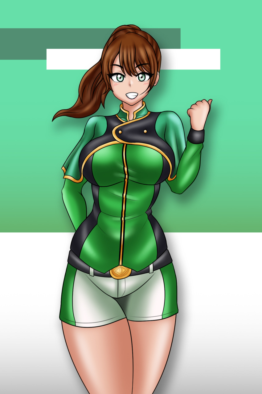 1girl alluring belt big_breasts brown_hair green_eyes hayami_sena jacket mashin_sentai_kiramager shorts super_sentai treezero