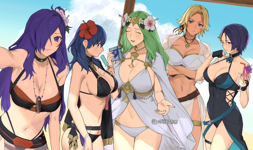 1girl 5girls alluring alternate_costume artist_name bare_shoulders beach big_breasts bikini black_bikini black_choker black_one-piece_swimsuit black_swimsuit blonde_hair blue_eyes blue_hair blush breasts byleth_(fire_emblem) byleth_(fire_emblem)_(female) catherine_(fire_emblem) catherine_(summer)_(fire_emblem) choker cleavage commentary covered_navel drink female_only fire_emblem fire_emblem:_three_houses fire_emblem_heroes fire_emblem_warriors:_three_hopes flower flower_in_hair green_hair hair_between_eyes hair_flower hair_ornament hair_over_one_eye hibiscus high_res long_hair looking_at_viewer melting_popsicle midriff multiple_girls navel nintendo official_alternate_costume one-piece_swimsuit open_mouth parasol popsicle pout purple_eyes purple_hair rhea_(fire_emblem) rhea_(summer)_(fire_emblem) shamir_nevrand shamir_nevrand_(summer) shez_(female)_(summer)_(fire_emblem) shez_(fire_emblem) shez_(fire_emblem)_(female) short_hair smile stomach swimsuit tassel teal_hair tomboy ushiomi watermark white_bikini white_swimsuit yellow_flower